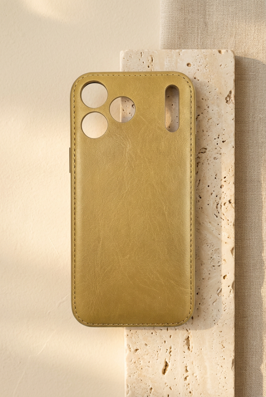 Mustard-gold stitched empty rear shell with three round camera openings and a tall narrow slot.