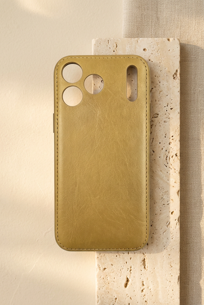 Mustard-gold stitched empty rear shell with three round camera openings and a tall narrow slot.