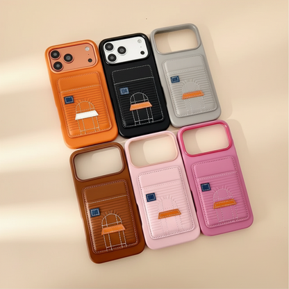 Black Hermès iPhone Case – Studio Shot | cream champagne background, luxury leather card slot cover | Elitesmark