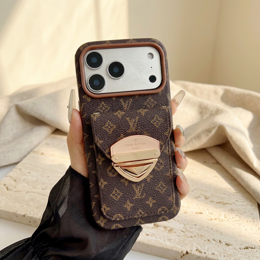 Style B brown small-motif monogram rear-pocket case without a strap, showing the smaller repeating pattern and gold-tone clasp.