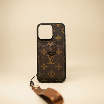 Brown Louis Vuitton iPhone 17 Pro Max Case Cardholder – Classic LV Monogram Canvas | brown LV pattern, card slot, gold hardware, luxury designer cover | Elitesmark