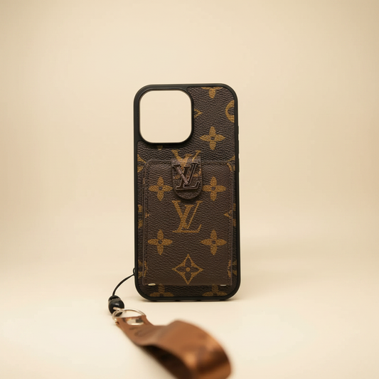 Brown Louis Vuitton iPhone 17 Pro Max Case Cardholder – Classic LV Monogram Canvas | brown LV pattern, card slot, gold hardware, luxury designer cover | Elitesmark