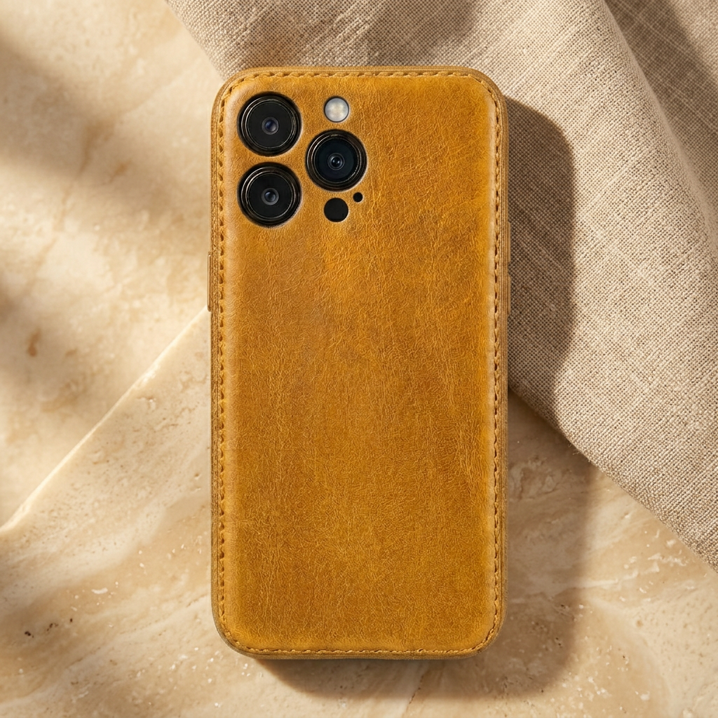 Gold-yellow vintage-grain rear case fitted on a display phone, showing stitched edges and individual camera openings.