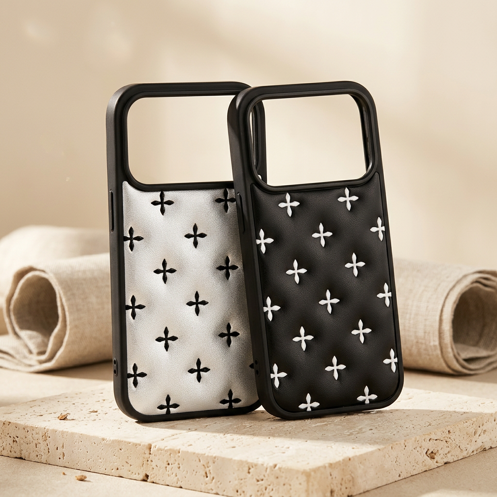 Crossquilt Puffy Faux Leather iPhone Case – Contrast Cross Design, White and Black cases with contrasting cross motifs and empty camera openings on cream travertine.