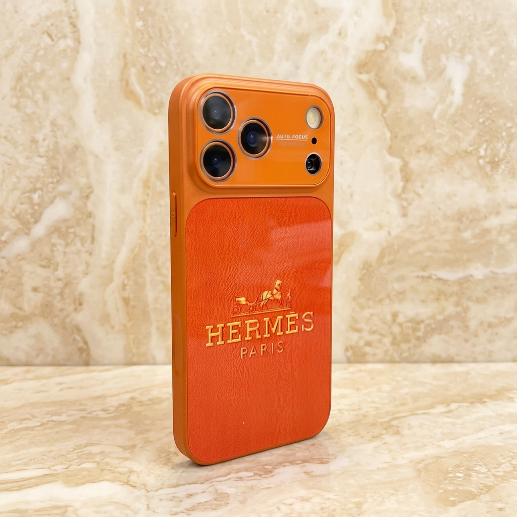 Style C orange Hermès design case standing at an angle, with textured-looking rear panel and raised gold-tone horse-and-carriage and name details.