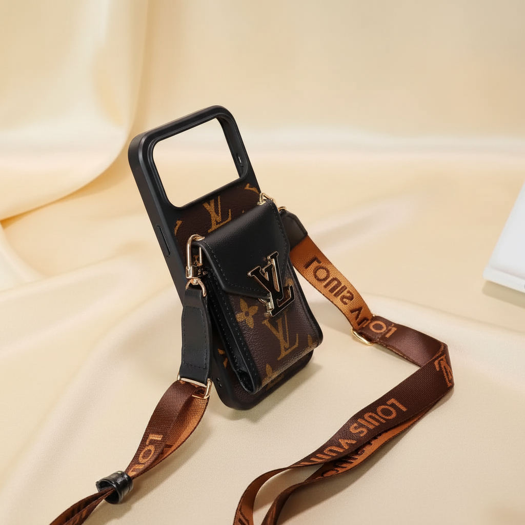 Brown LV iPhone Case – Studio Shot | cream champagne background, classic LV monogram luxury cover | Elitesmark