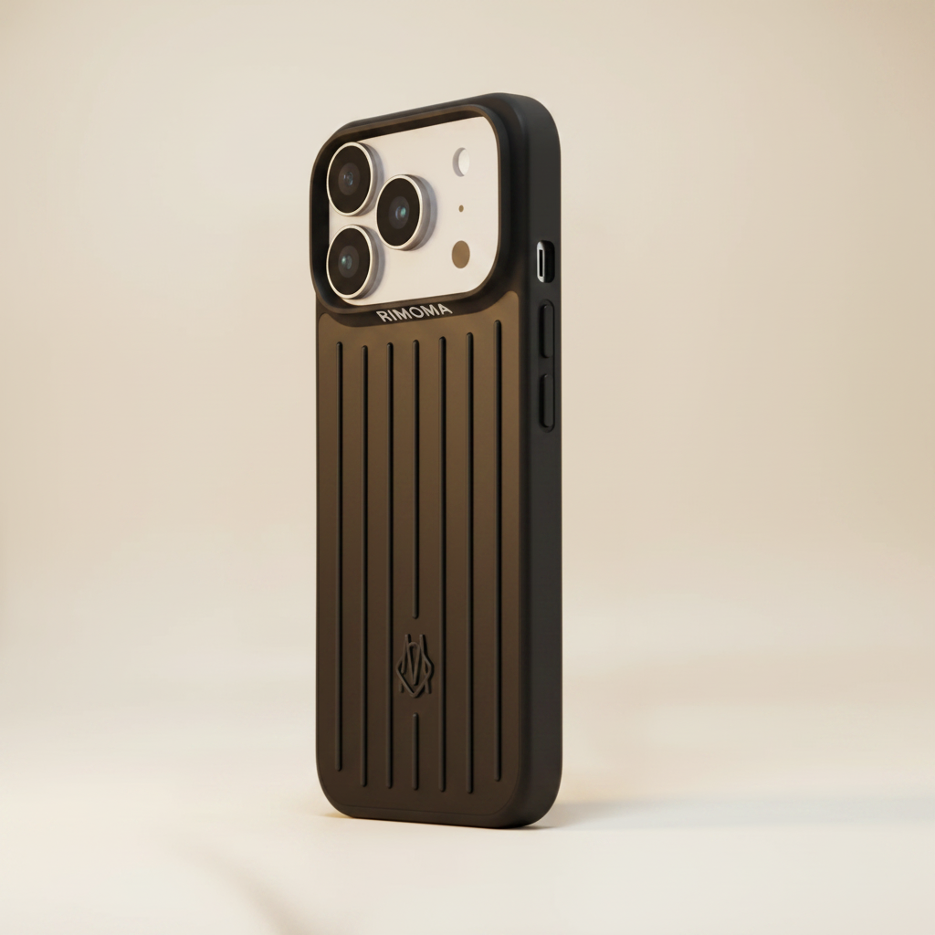 Black RIMOWA iPhone Case – Angle Shot | grooved luxury cover, RIMOWA designer iPhone 17 Pro Max case | Elitesmark