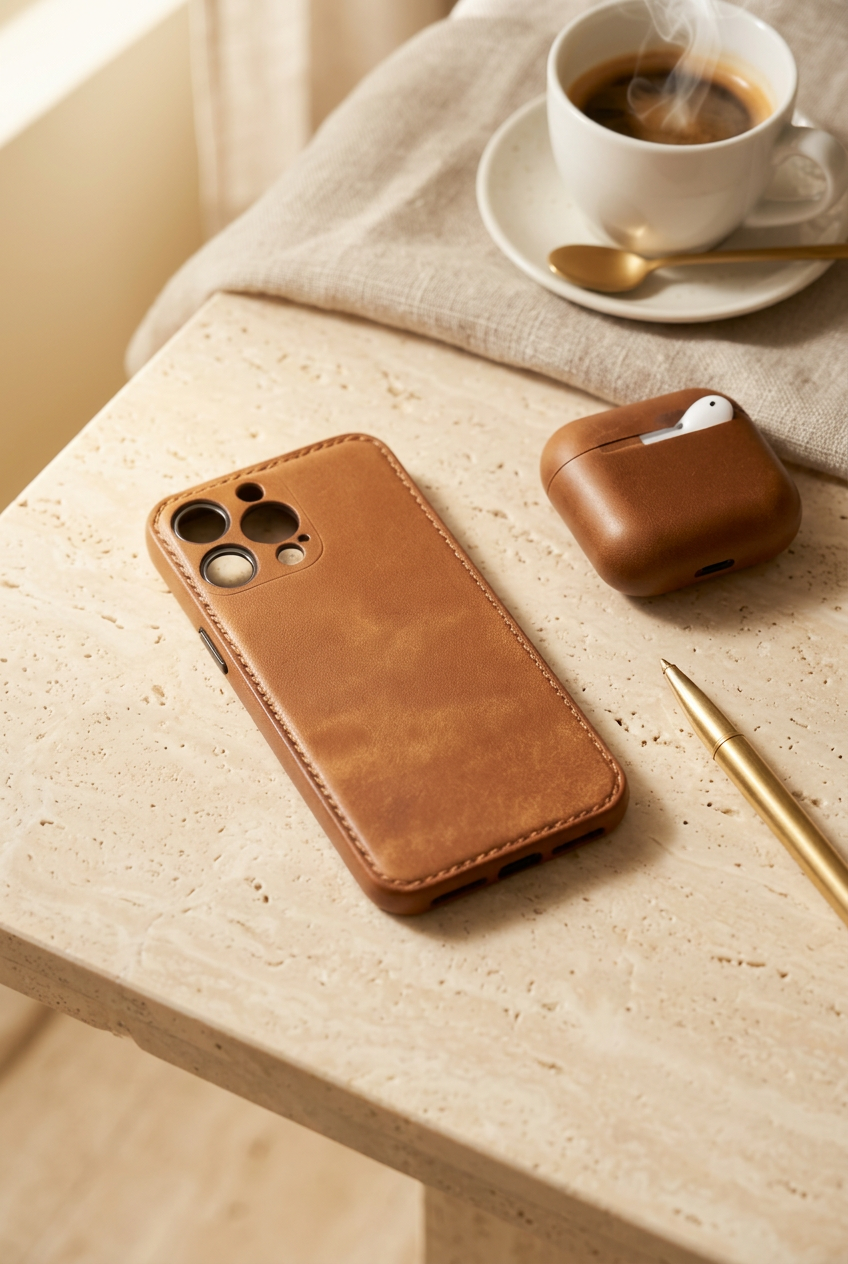 Tan stitched iPhone back cover lying diagonally on cream stone beside a coffee cup, earbud case and gold-tone pen.