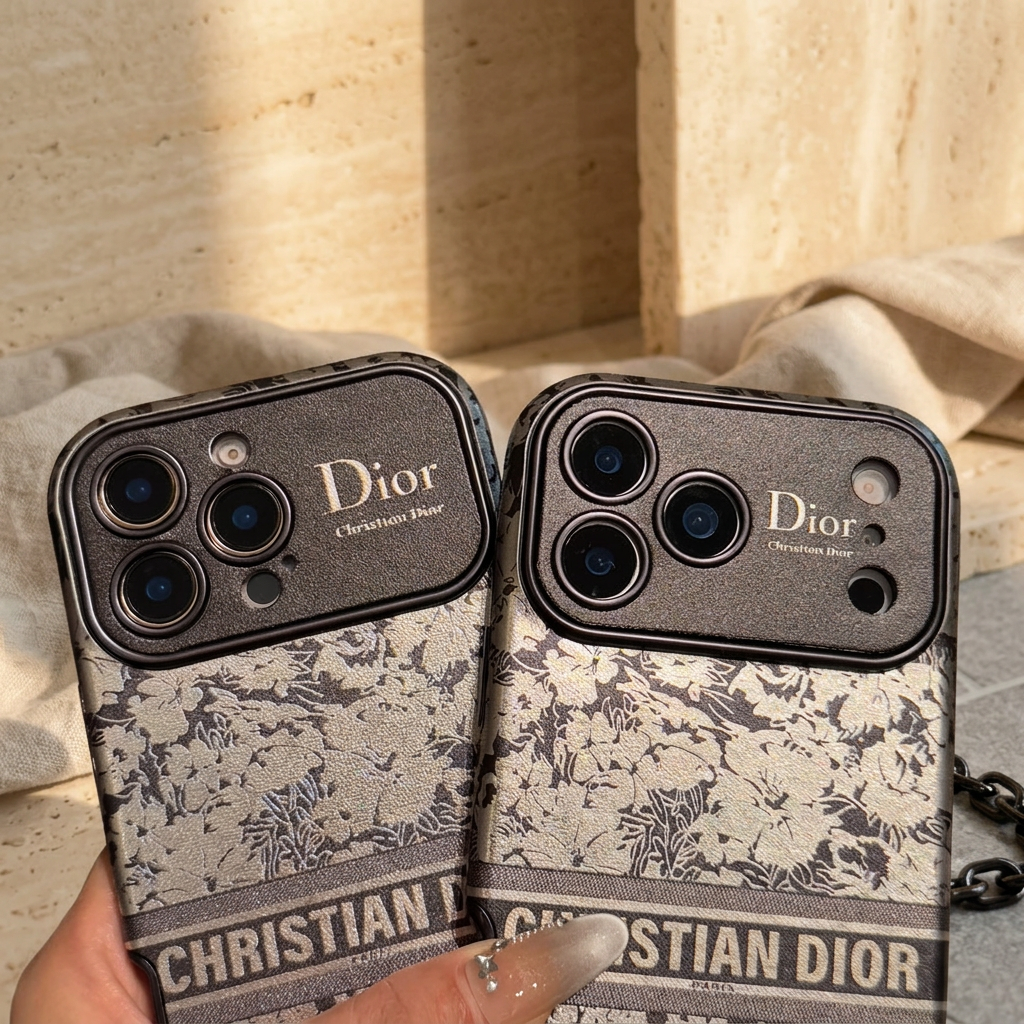 Close-up of two textured camera panels above grey-and-ivory floral backs and Christian Dior name bands.