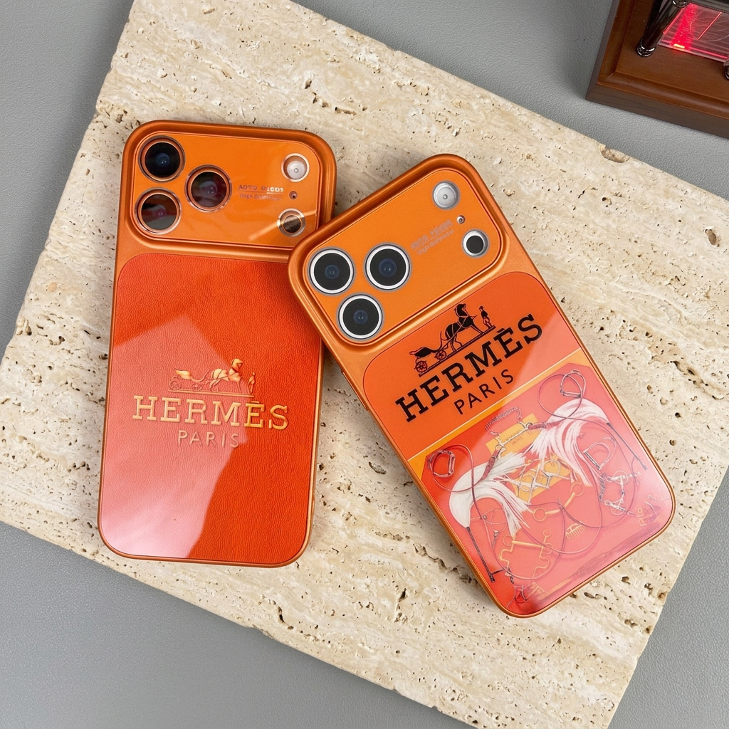 Overhead view of an orange equestrian print case overlapping a gold-tone carriage motif case, showing glossy rear reflections and camera surrounds.