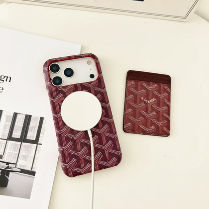 Black Goyard iPhone 17 Pro Max MagSafe Case – Studio Shot | cream champagne background, Goyard pattern luxury cover | Elitesmark