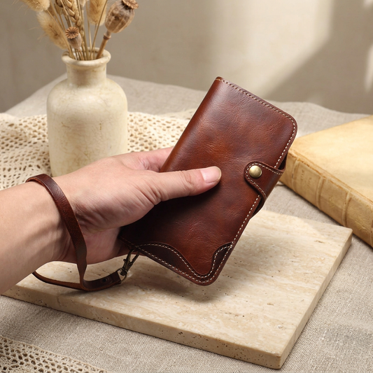 Hand holding a closed brown stitched folio, with the short matching loop around the wrist and its clip attached below the case.