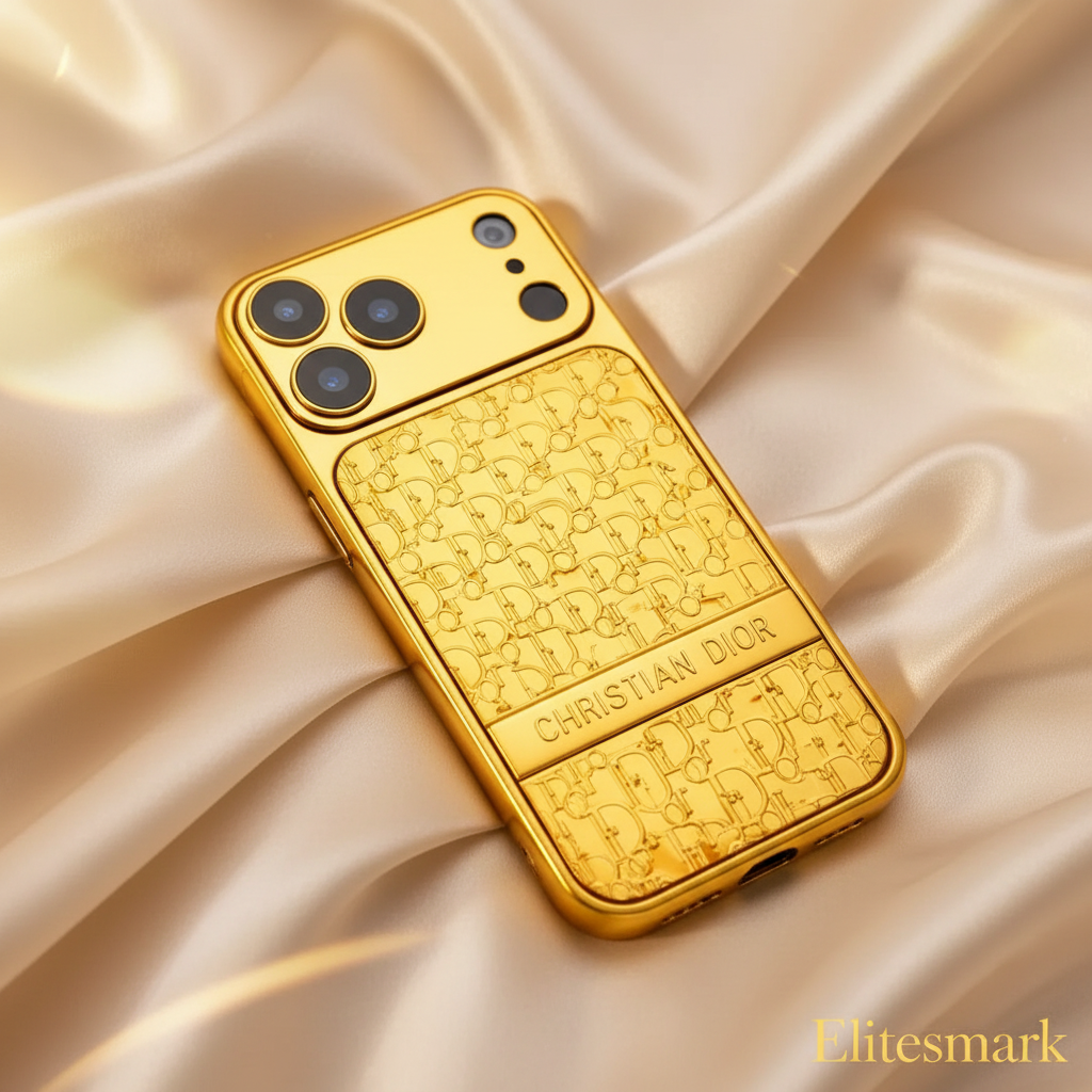 Monarch Signature Edition iPhone Case – Gold Metallic Finish Detail | high-gloss luxury coating, precision-embossed pattern, designer phone cover | Elitesmark