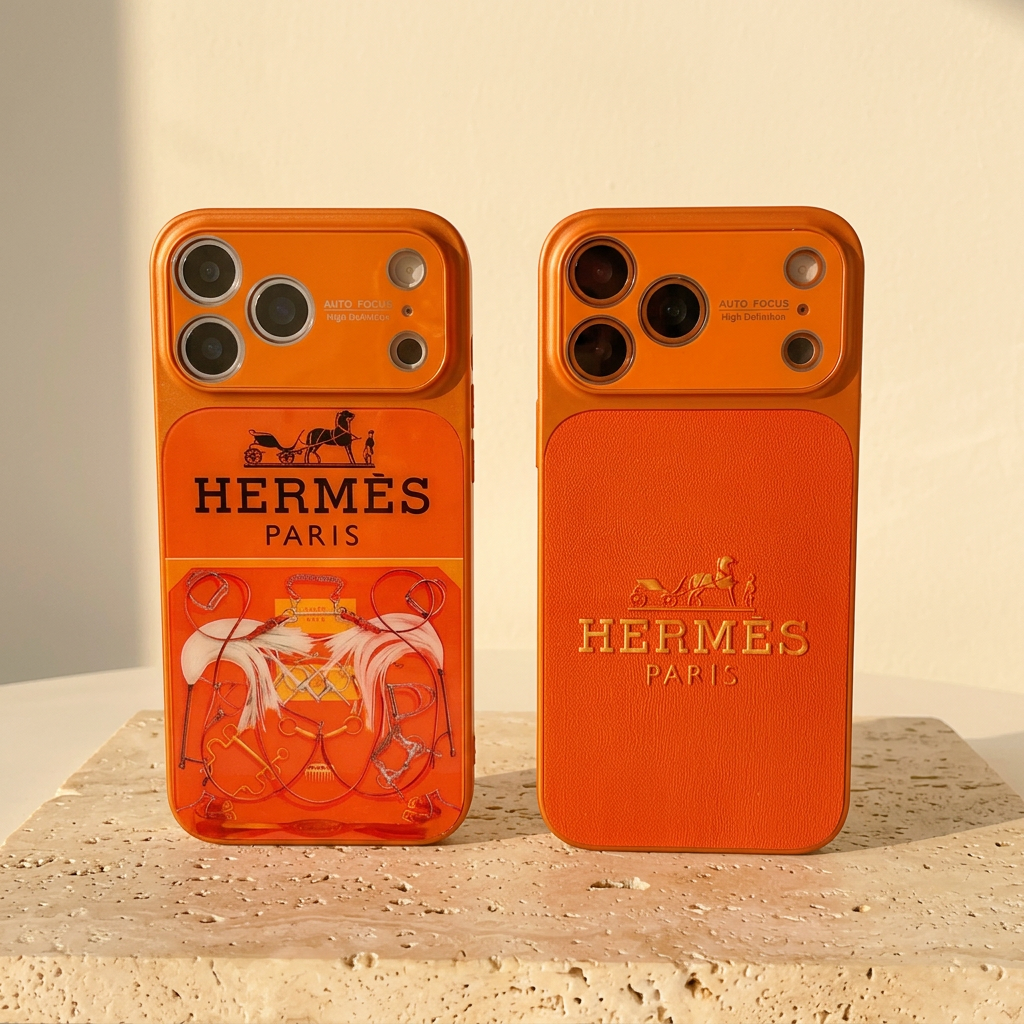 Upright comparison of orange Style A equestrian print case and Style C textured-looking gold-tone carriage design case.