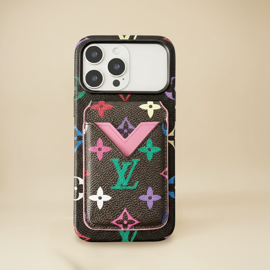 Black Monogram Multicolors Louis Vuitton iPhone 17 Pro Max Case with Cardholder – Classic LV Canvas | black multicolor LV pattern, card slot, gold hardware | Elitesmark