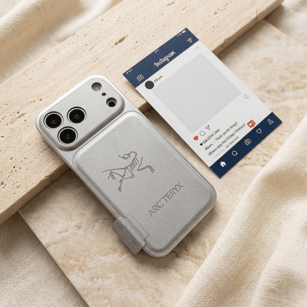 Silver Arc'teryx skeletal-bird design iPhone back cover lying diagonally, showing the tonal bird motif, side tab and wide camera panel beside a printed card.