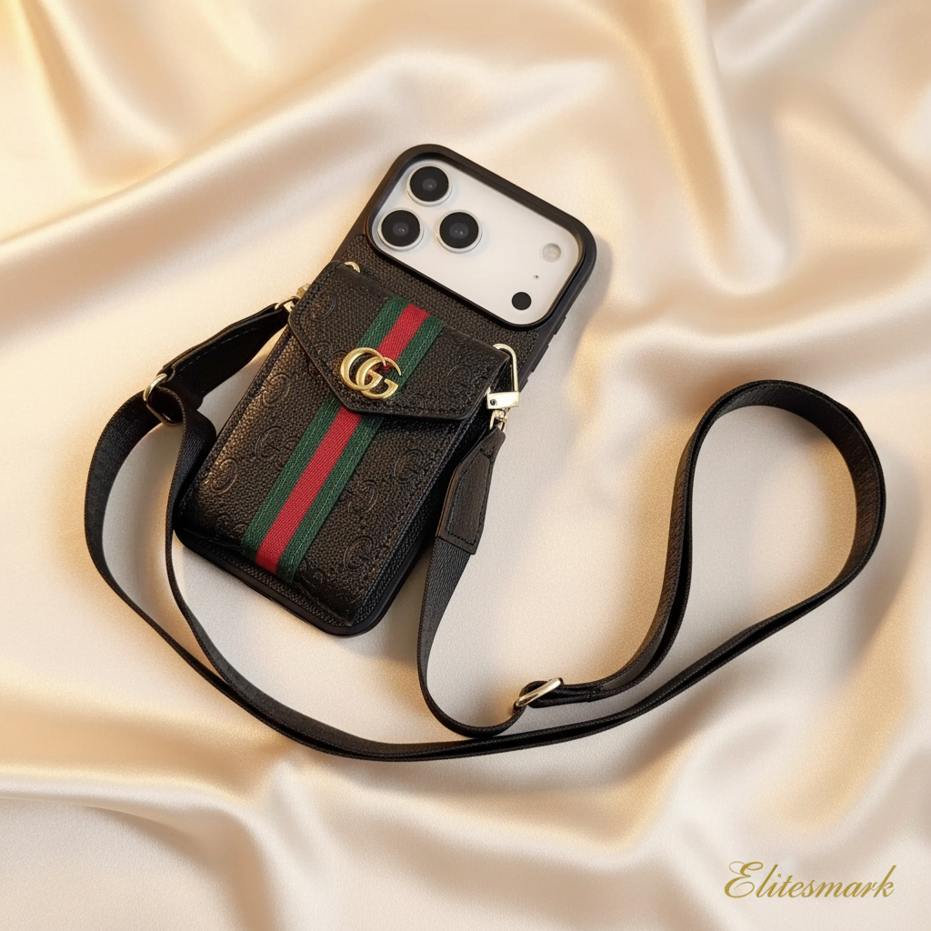 Black Gucci iPhone 17 Pro Max Wallet Case – Cardholder Slot | GG monogram leather, green-red stripe, premium designer cover | Elitesmark