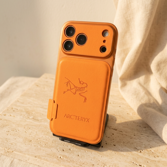 Orange Arc'teryx skeletal-bird design iPhone back cover standing upright on a black display support, showing the rear motif, tonal side tab and matching camera panel.