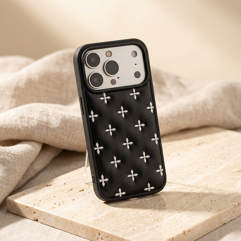 Crossquilt Puffy Faux Leather iPhone Case – Contrast Cross Design, Black case with white cross motifs shown at an angle against warm cream linen.