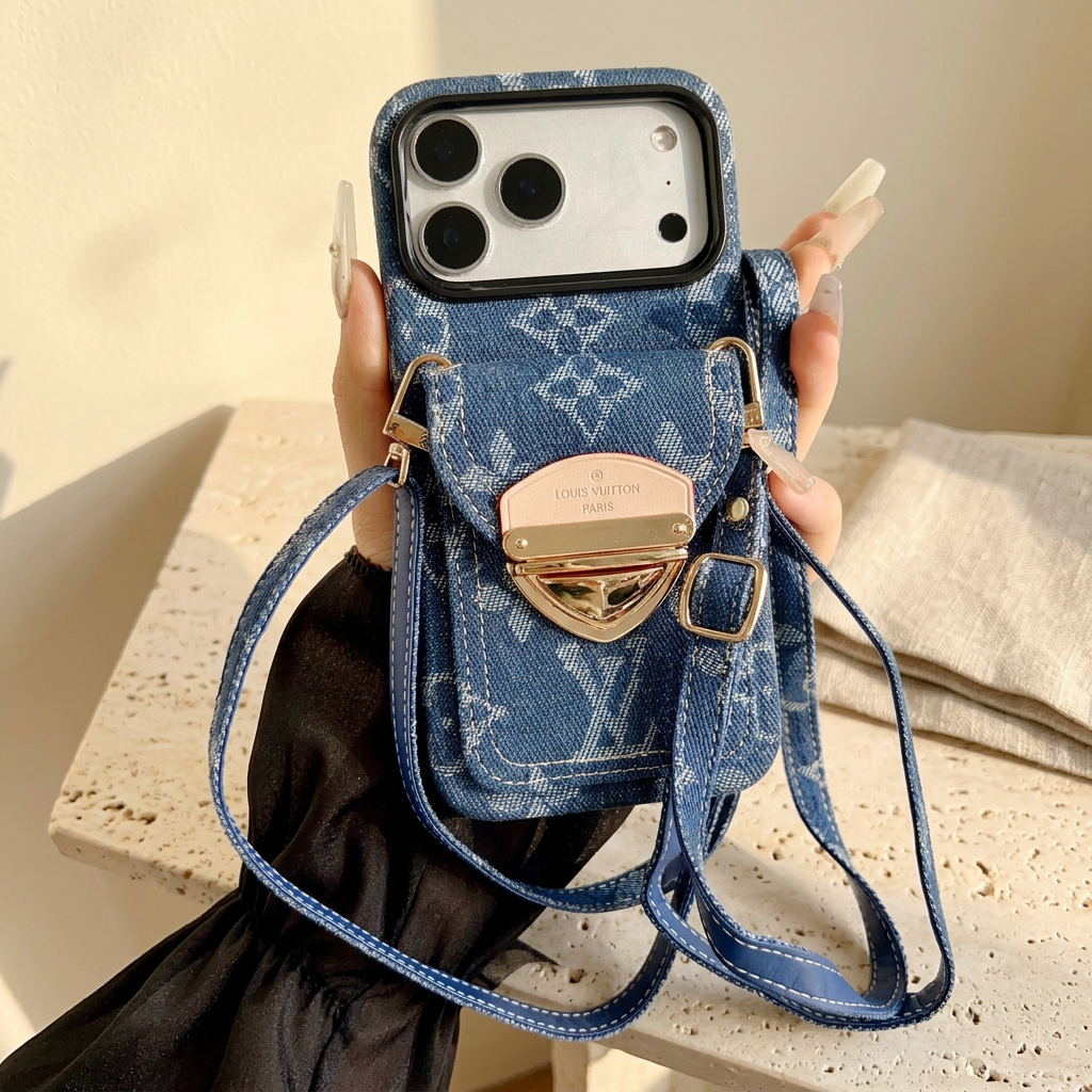 Blue woven-look monogram rear-pocket case held with a matching narrow blue adjustable strap, stitched edges and gold-tone buckle.