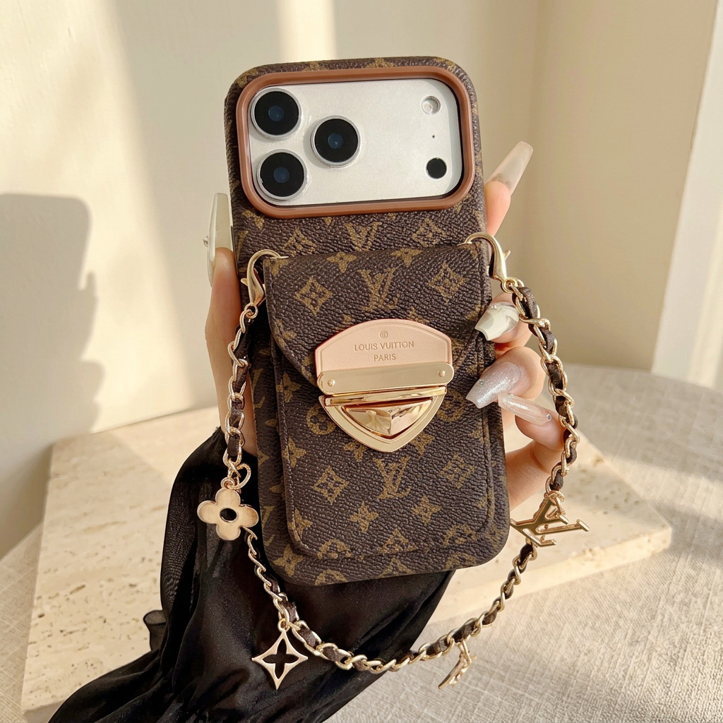 Brown monogram rear-pocket case held upright with a gold-tone clasp and short chain decorated with LV and floral charms.