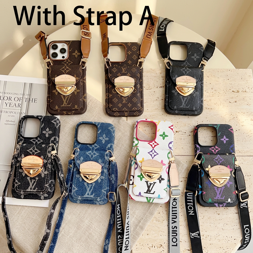Seven monogram design rear-pocket cases displayed with Strap A, showing longer adjustable straps, clip attachments and gold-tone pocket clasps.