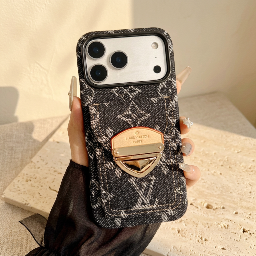 Style D black woven-look monogram rear-pocket case without a strap, showing light motifs, contrast stitching and a gold-tone clasp.