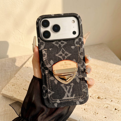 Style D black woven-look monogram rear-pocket case without a strap, showing light motifs, contrast stitching and a gold-tone clasp.