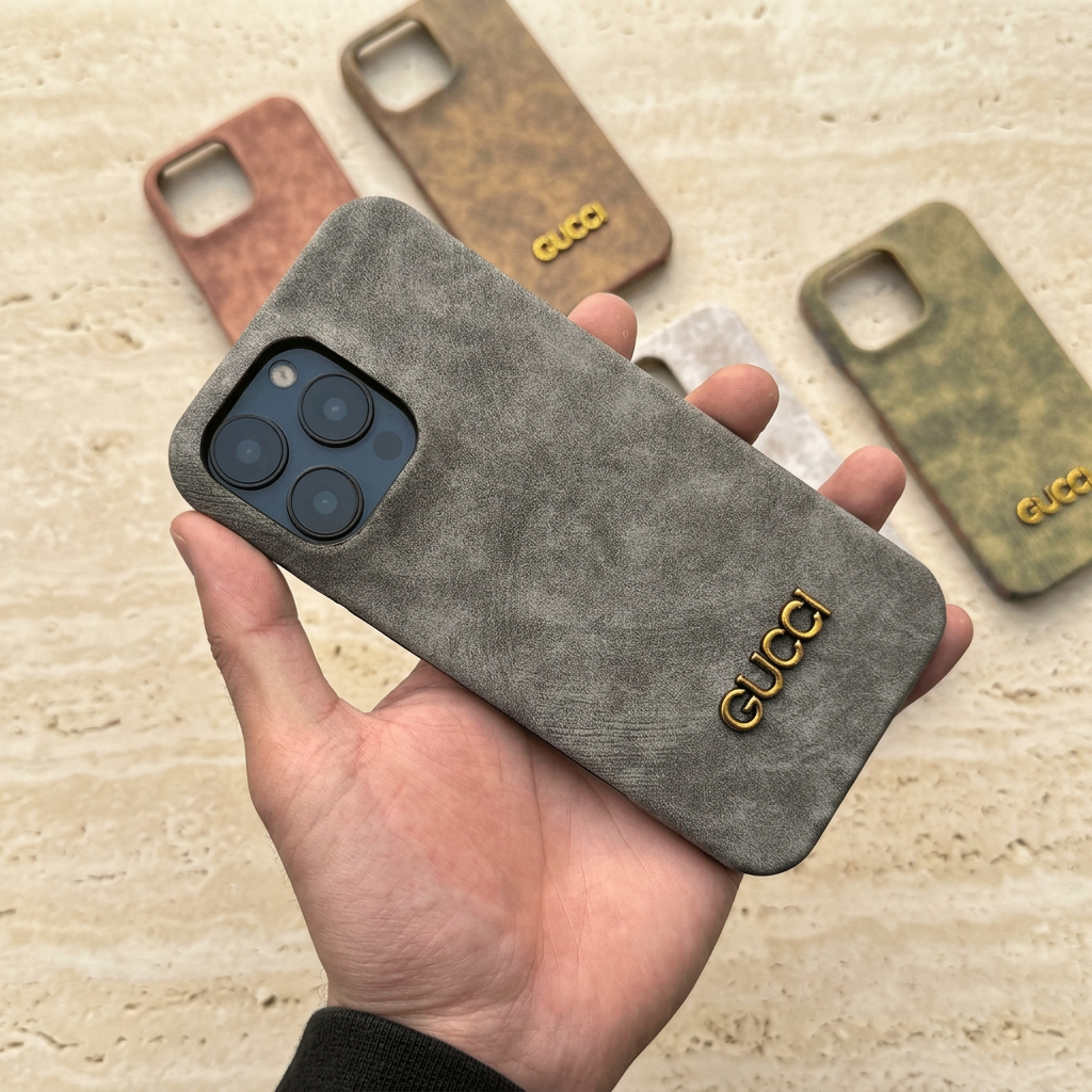 Gray suede-look Gucci design case held diagonally over other colour cases, showing its mottled finish, gold-tone name and blue display phone camera.