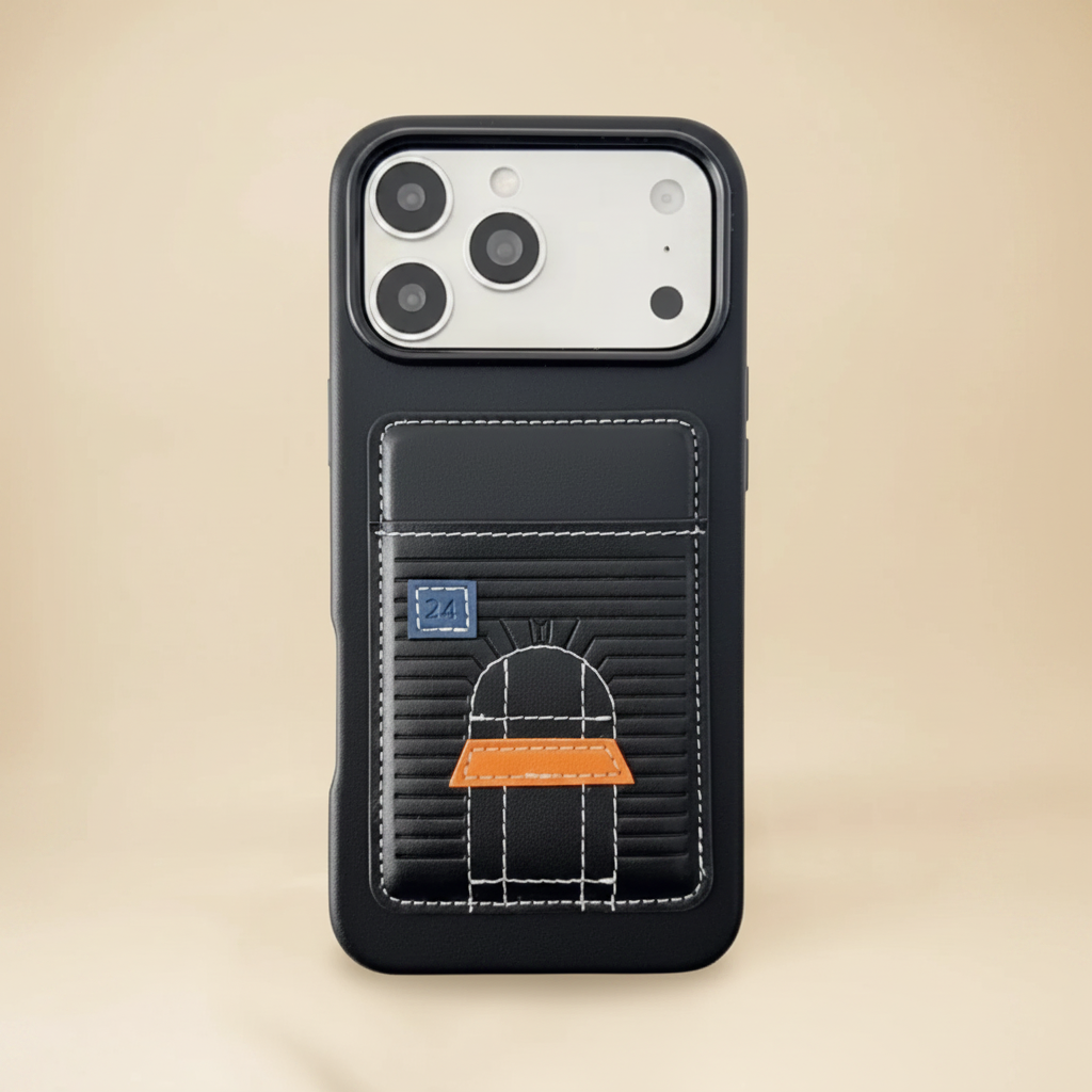 Black Hermès iPhone 17 Pro Max Case – Feature Detail | raised edges, card slot, black leather luxury phone cover | Elitesmark