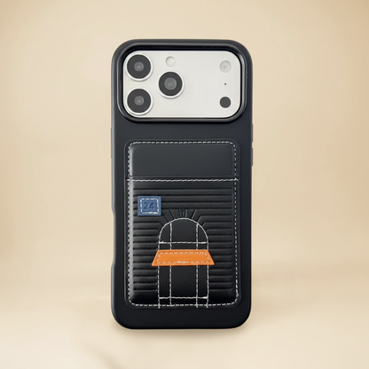 Black Hermès iPhone 17 Pro Max Case – Feature Detail | raised edges, card slot, black leather luxury phone cover | Elitesmark