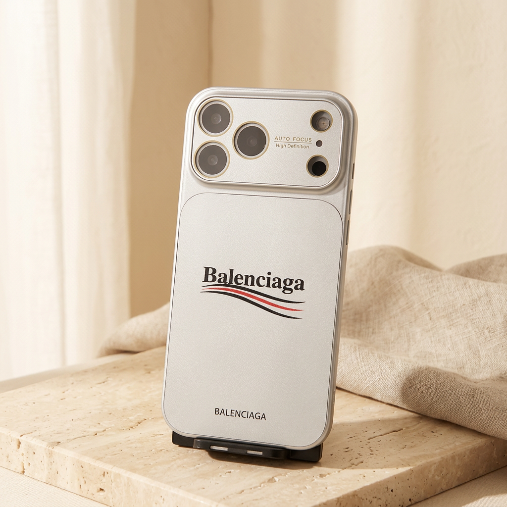 Upright silver-toned White back cover showing the central Balenciaga name design, black and red curved stripes and broad camera panel.