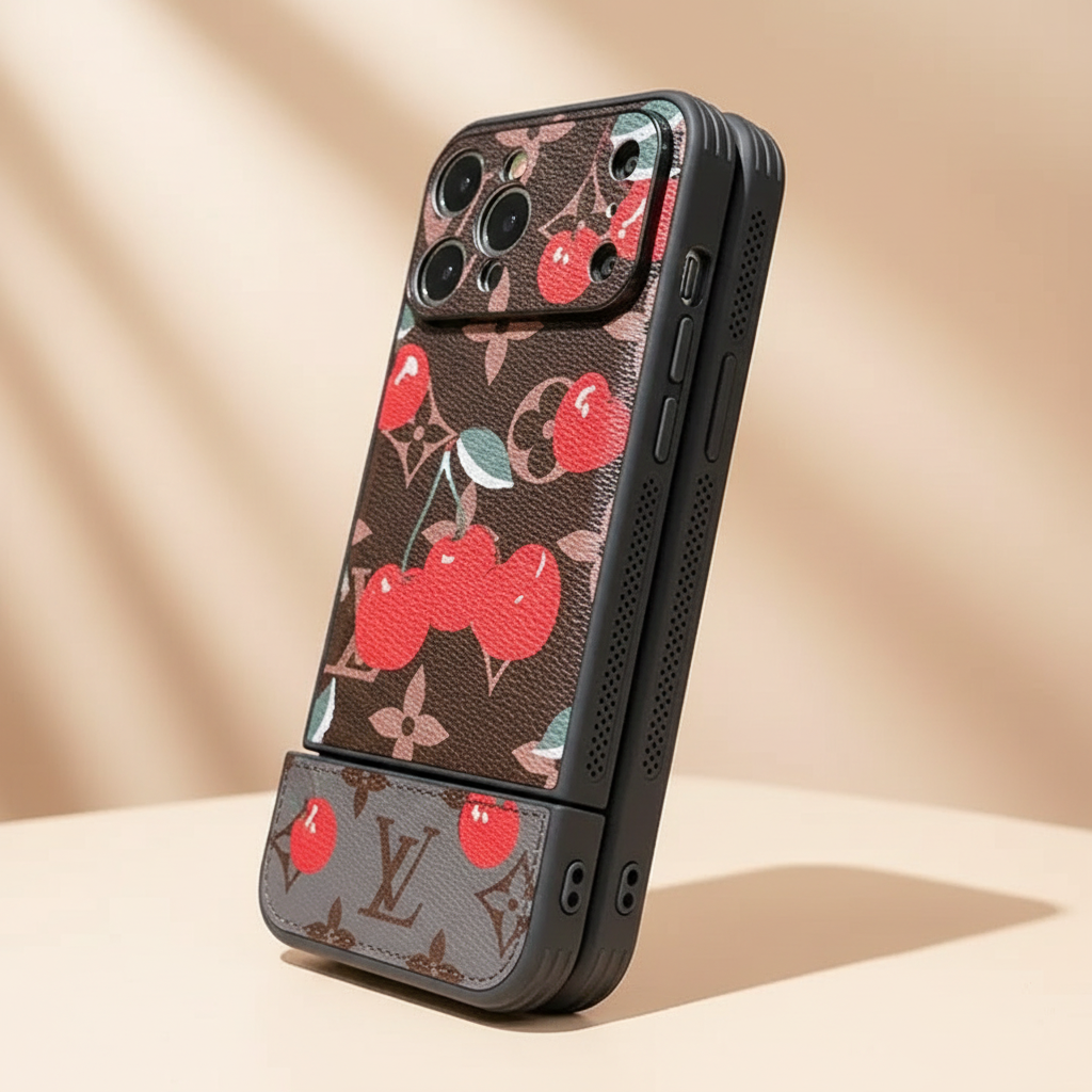 Cherry LV Gray iPhone Case – Studio Shot | cream champagne background, grey cherry LV monogram luxury cover | Elitesmark