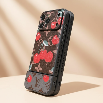 Cherry LV Gray iPhone Case – Studio Shot | cream champagne background, grey cherry LV monogram luxury cover | Elitesmark