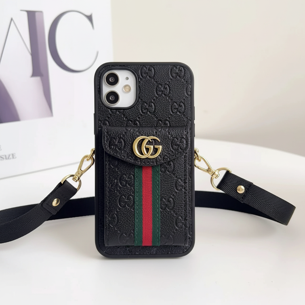 Black Gucci GG Marmont iPhone Case – Web Stripe Close-Up | green red stripe detail, gold GG logo, designer iPhone 17 cover | Elitesmark