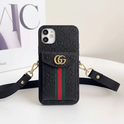 Black Gucci GG Marmont iPhone Case – Web Stripe Close-Up | green red stripe detail, gold GG logo, designer iPhone 17 cover | Elitesmark