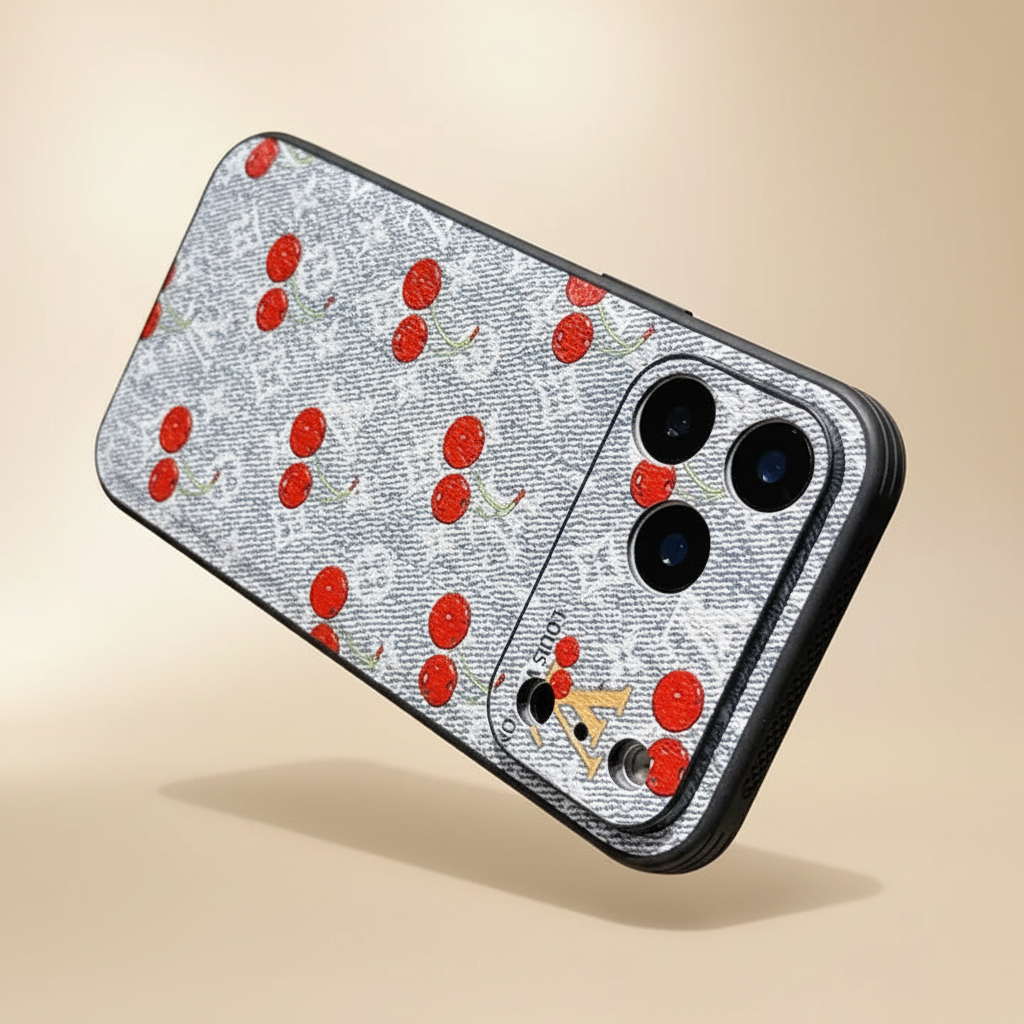 Cherry LV Monogram iPhone Case – Back View | classic cherry red LV pattern, luxury Louis Vuitton phone cover | Elitesmark
