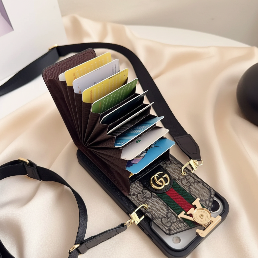 Black Gucci GG Marmont iPhone Case – Side Profile | slim wallet case, card slots, crossbody strap luxury phone accessory | Elitesmark
