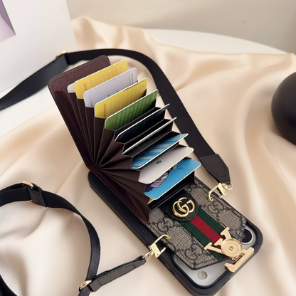 Black Gucci GG Marmont iPhone Case – Side Profile | slim wallet case, card slots, crossbody strap luxury phone accessory | Elitesmark