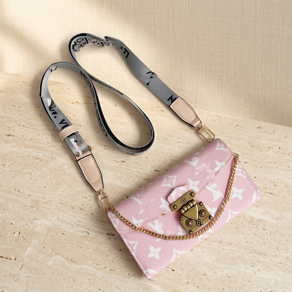 Closed Pink monogram design folio with pale motifs, gold-tone clasp and chain, and a grey strap with pale end tabs.