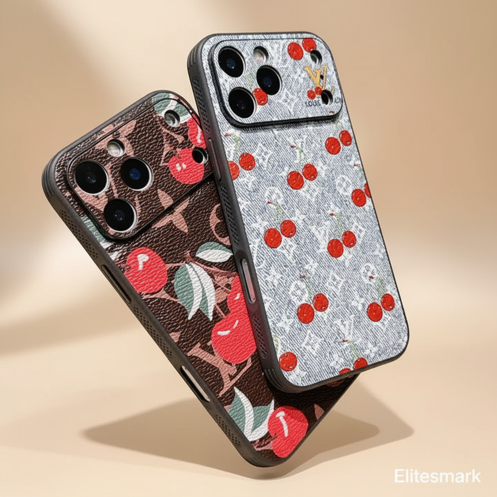 Cherry Louis Vuitton iPhone 17 Pro Max Case – Top View | cherry red LV monogram, luxury designer cover | Elitesmark