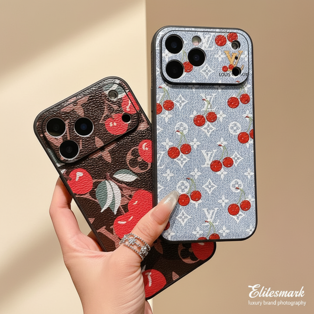 Cherry Louis Vuitton iPhone Case – Monogram Detail | cherry red LV texture, premium designer iPhone 17 cover | Elitesmark