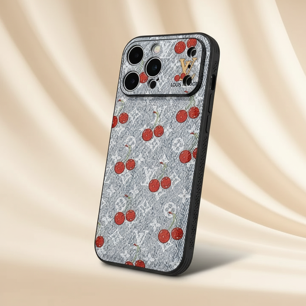 Cherry LV Gray Monogram iPhone Case – Close-Up | grey LV canvas cherry texture, premium luxury phone accessory | Elitesmark