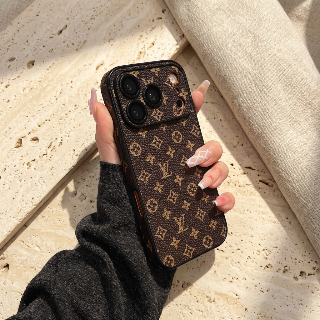Hand-held Design B rear view showing small repeating gold LV and floral motifs on brown, dark edging and a patterned camera panel.