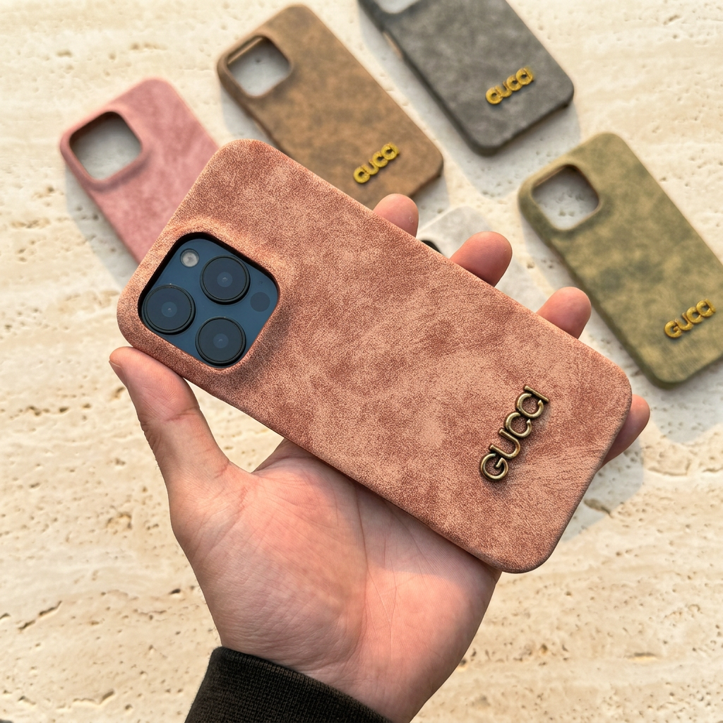 Peach-pink distressed-look Gucci design case held diagonally, with a gold-tone name, blue display phone camera and five comparison cases behind.