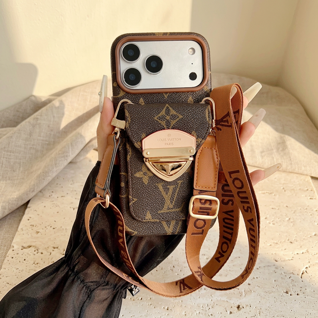 Style A large-motif brown monogram rear-pocket case held with the long tan wordmark strap, adjustment buckle and gold-tone clips.