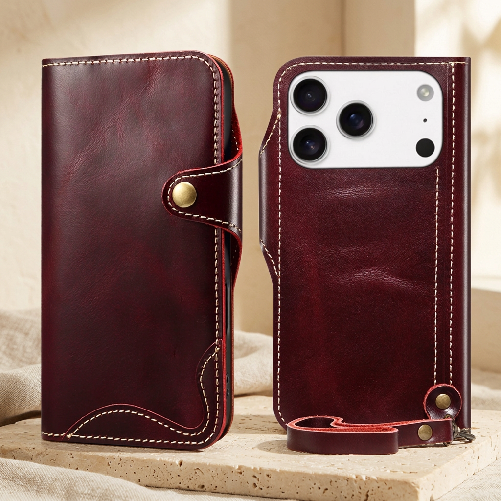 Burgundy-red folio front and rear views side by side, showing bright red edging, contrast stitching, a snap tab and matching short wrist loop.