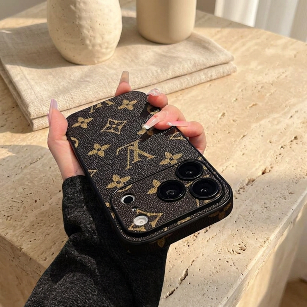 Tilted rear view of the dark textured case showing large gold LV and floral motifs and the matching patterned camera surround.