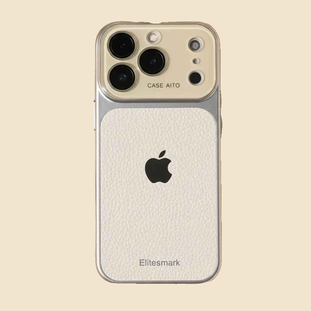 White Urban Zest iPhone case showing textured back, central apple-shaped emblem and camera panel