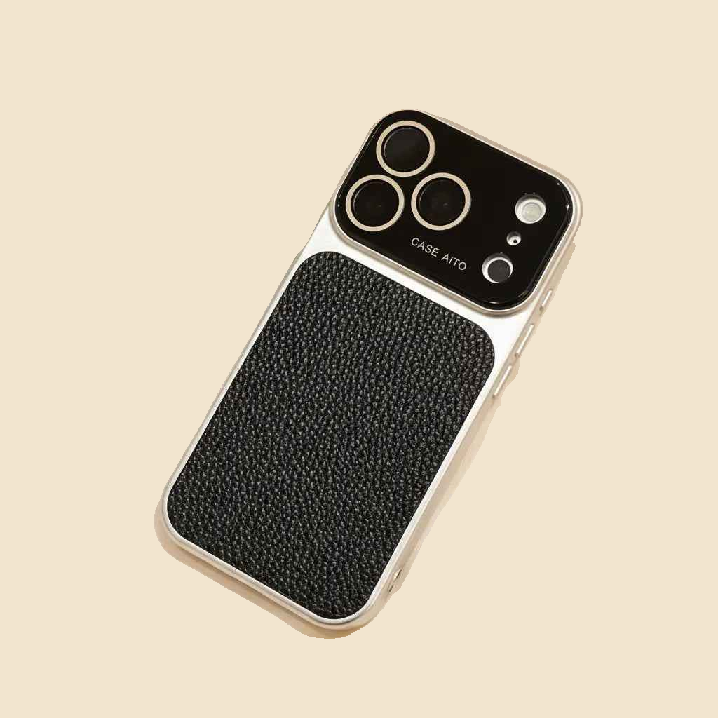 Black Urban Zest iPhone case with plain textured back and silver-tone frame, diagonal view